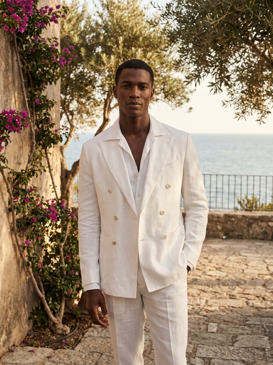 White Linen Double Breasted Suit — Custom Made to Measure - front view