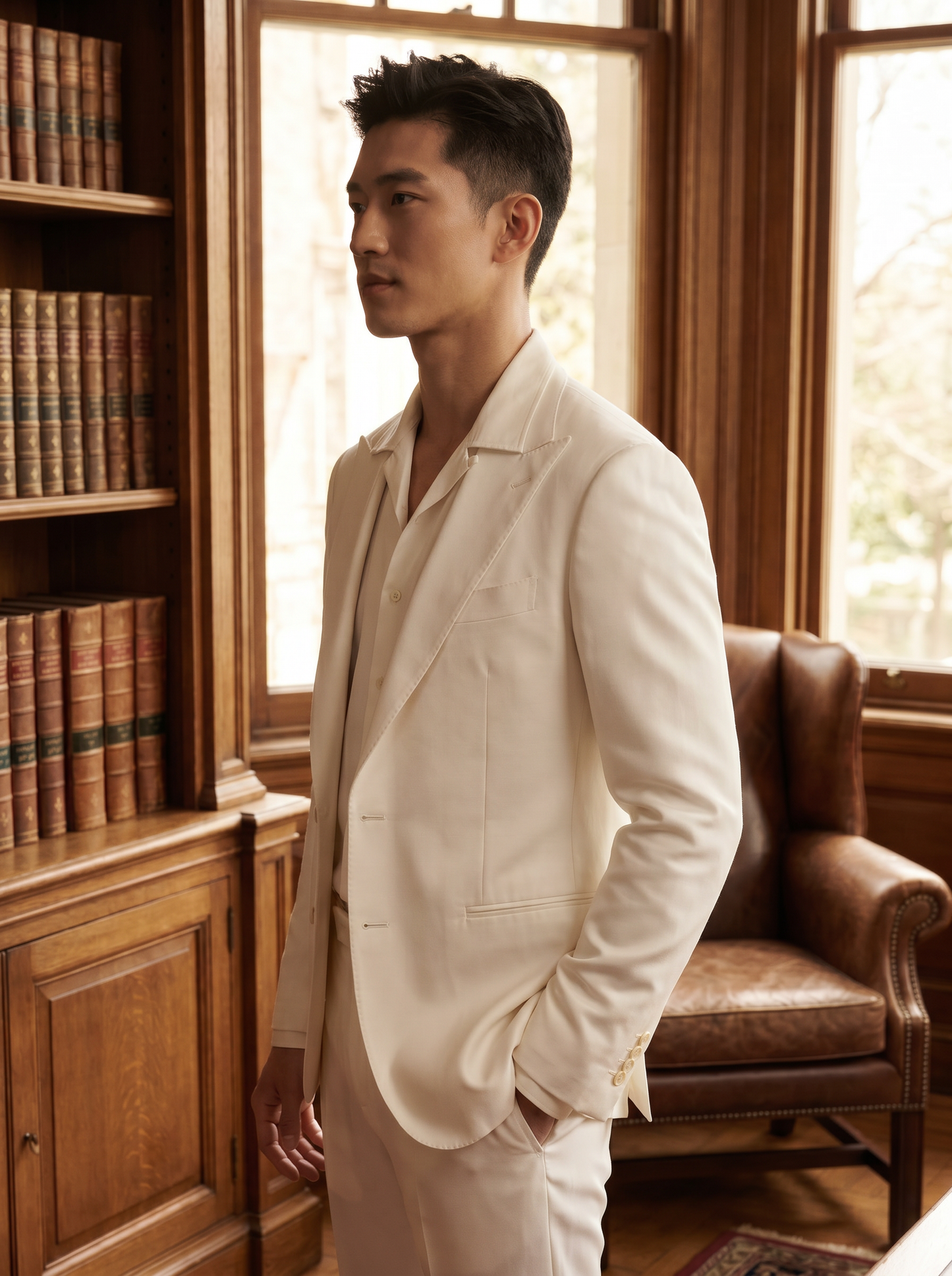 White Silk Blend Suit — Custom Made to Measure - side view