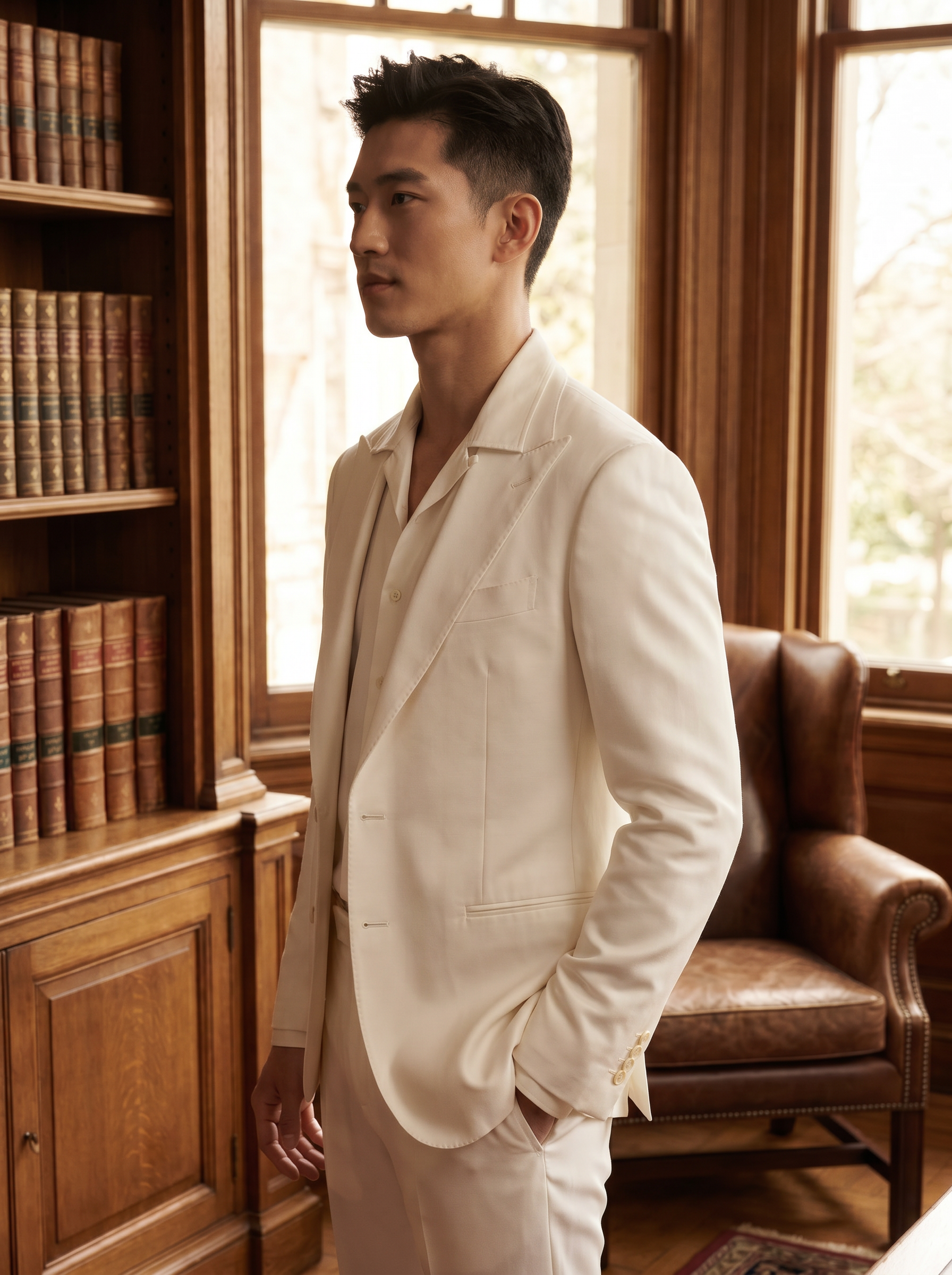White Silk Blend Suit — Custom Made to Measure - side view