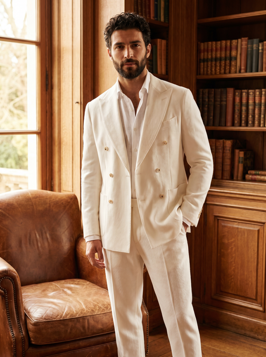 White Wool Double Breasted Suit — Custom Made to Measure - front view