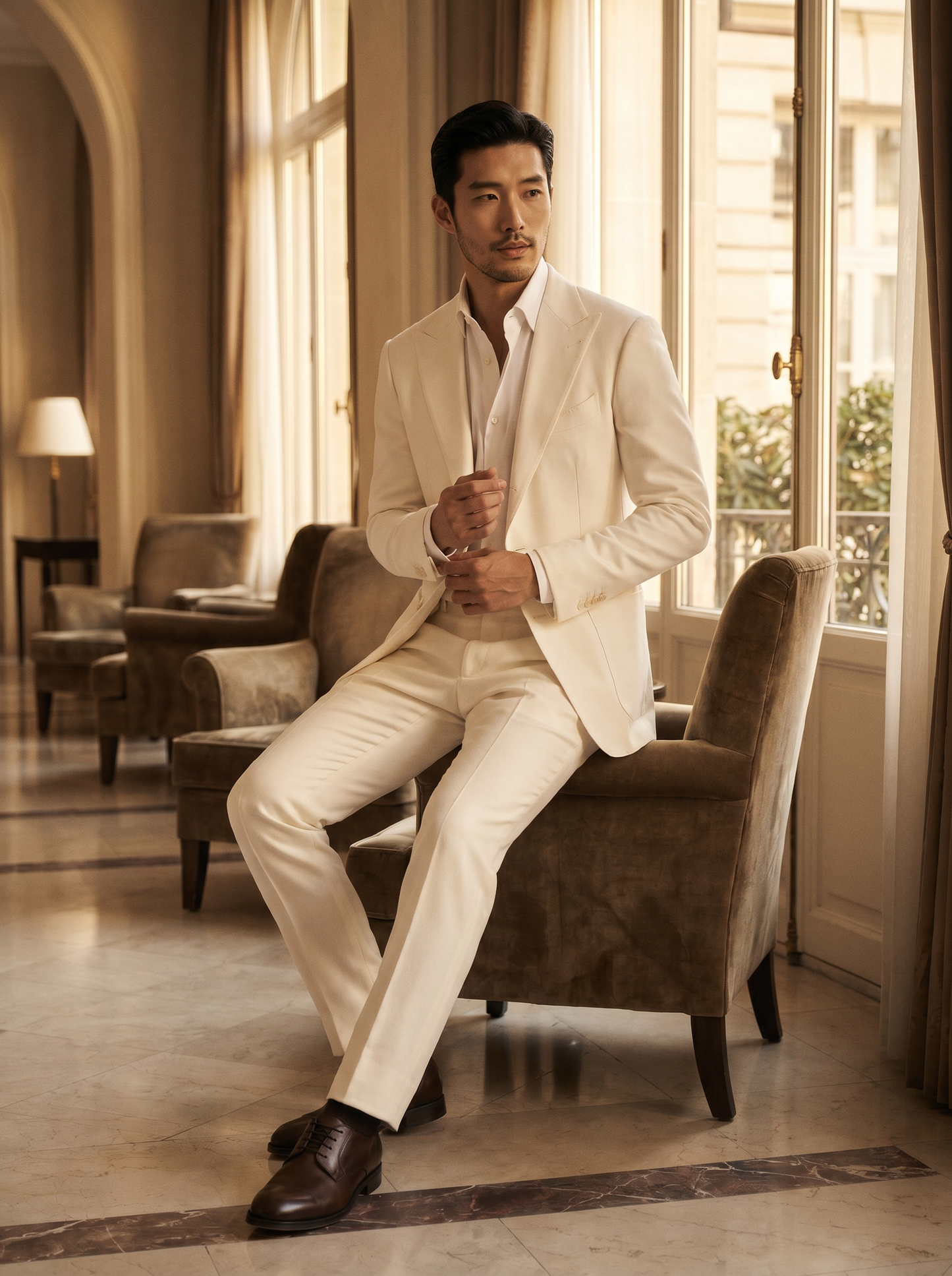 White Wool Suit — Custom Made to Measure - seated view