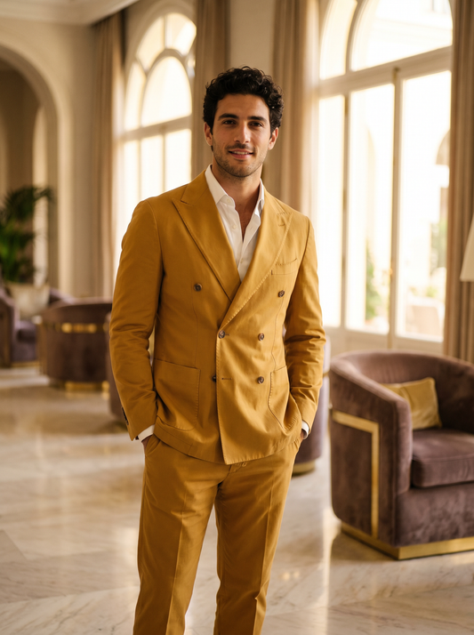 Yellow Cotton Double Breasted Suit — Custom Made to Measure - front view