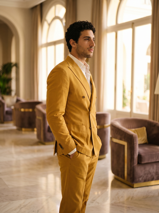 Yellow Cotton Double Breasted Suit — Custom Made to Measure - side view