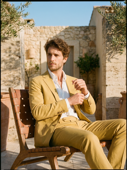 Yellow Cotton Suit — Custom Made to Measure - seated view