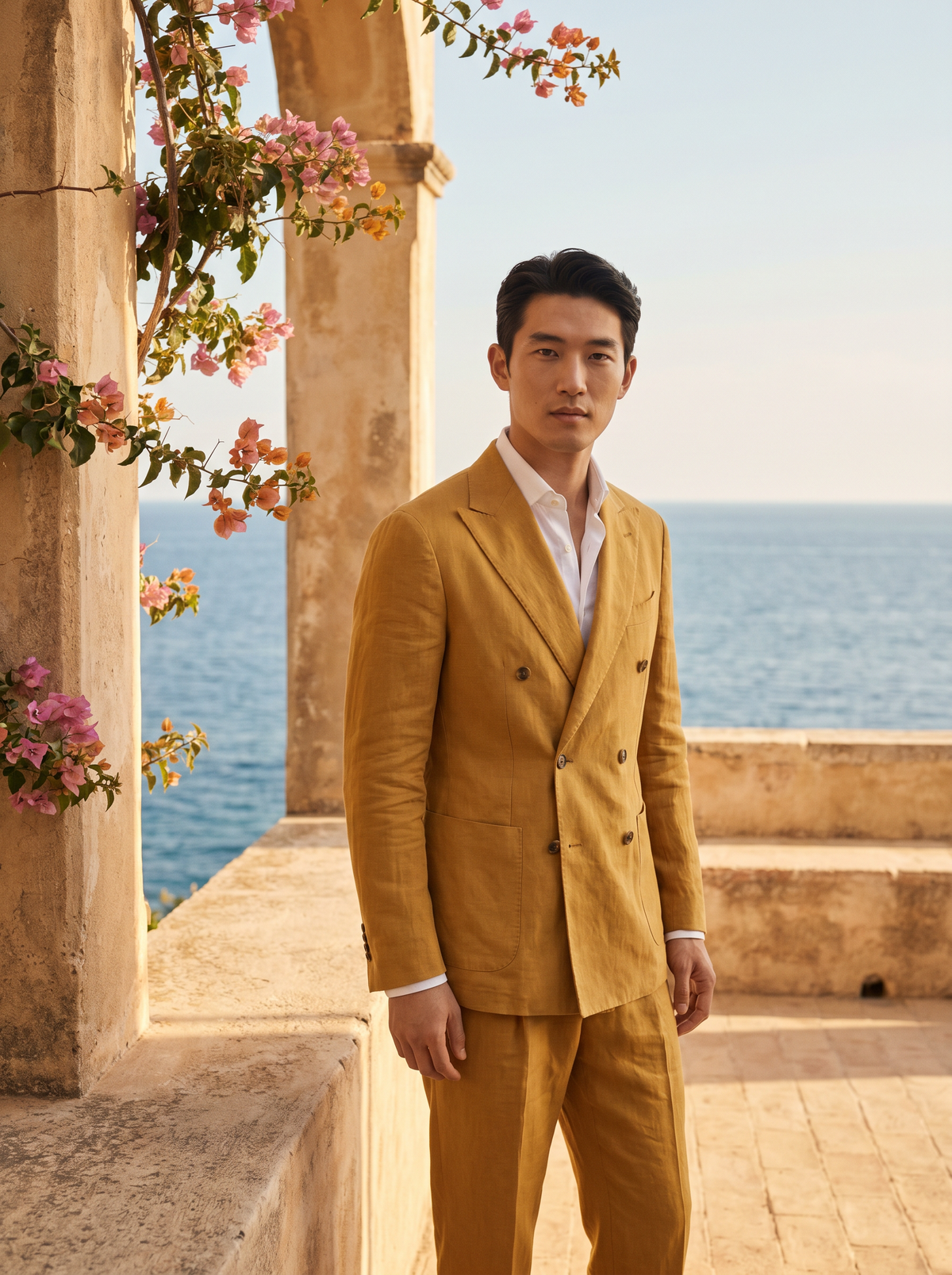 Yellow Linen Double Breasted Suit — Custom Made to Measure - front view