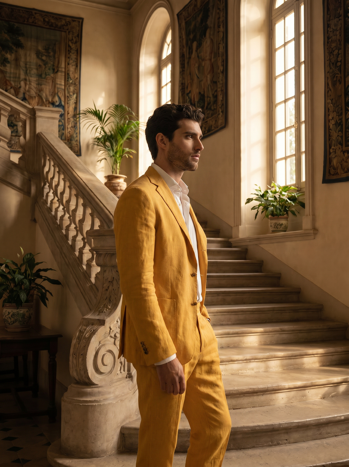 Yellow Linen Groomsmen Suit — Custom Made to Measure - side view