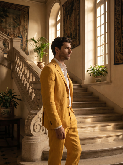 Yellow Linen Groomsmen Suit — Custom Made to Measure - side view