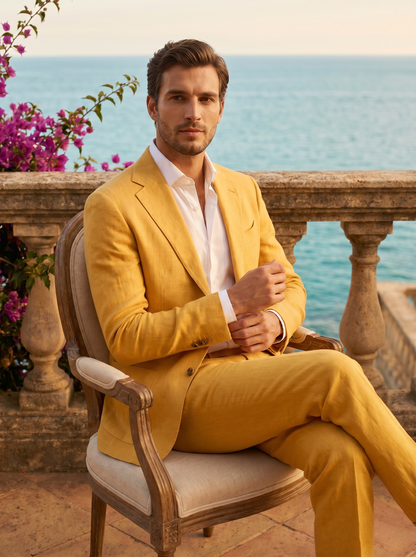 Yellow Linen Suit — Custom Made to Measure - seated view