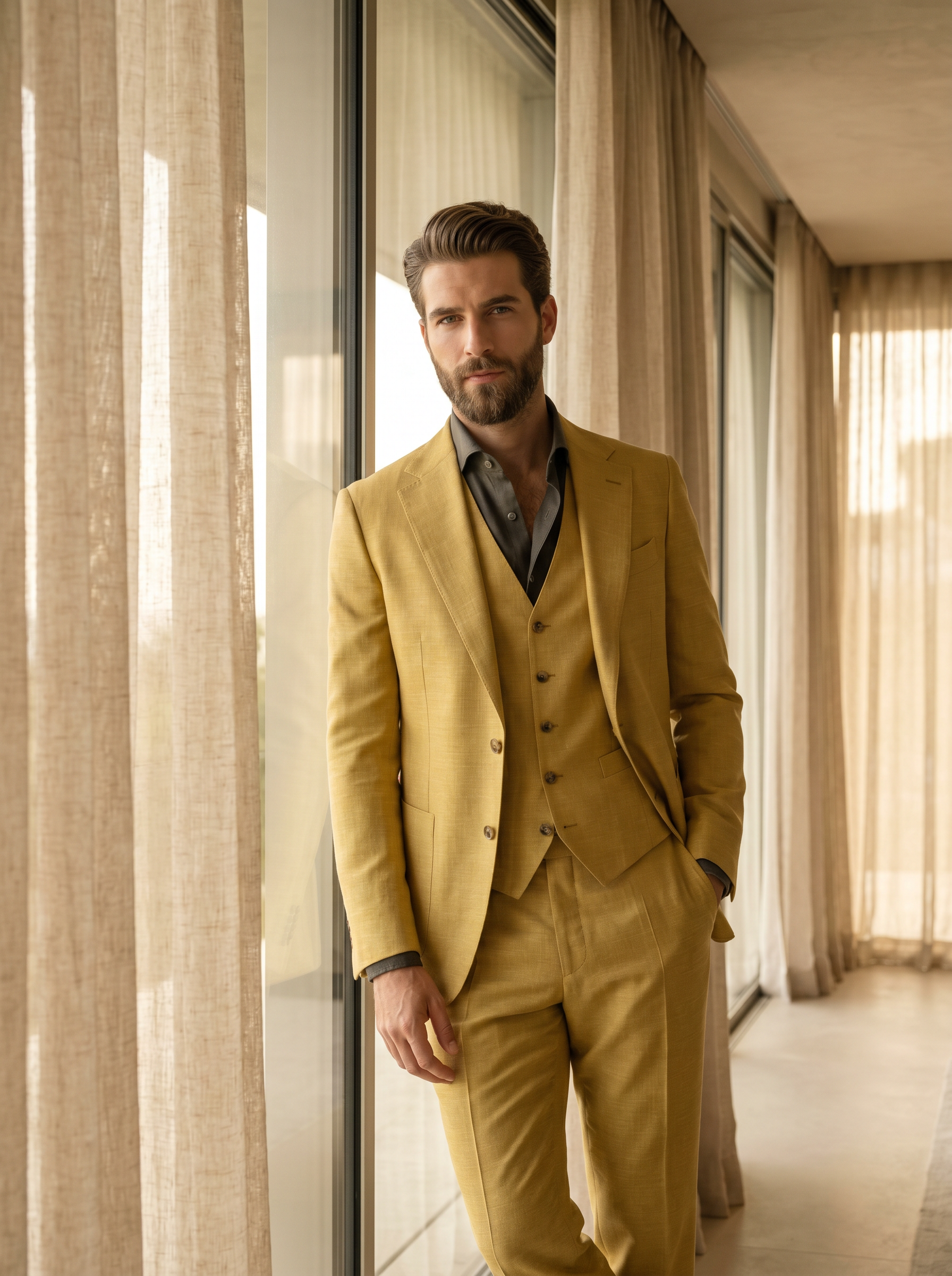Yellow Silk Blend 3-Piece Suit — Custom Made to Measure - front view