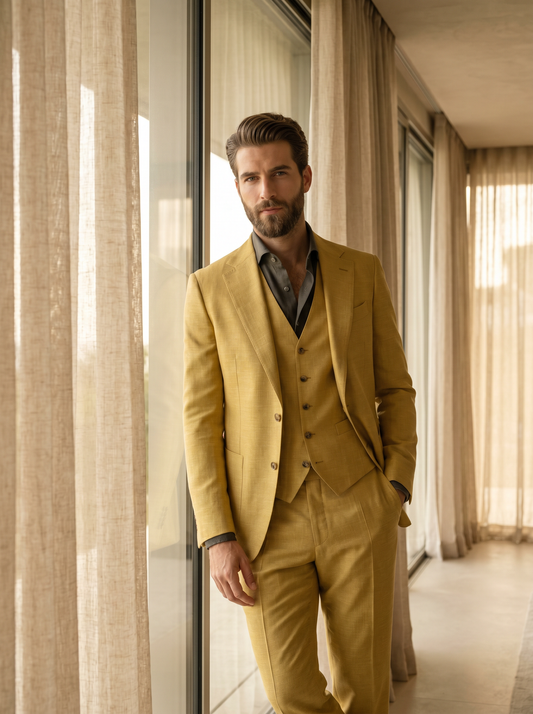 Yellow Silk Blend 3-Piece Suit — Custom Made to Measure - front view