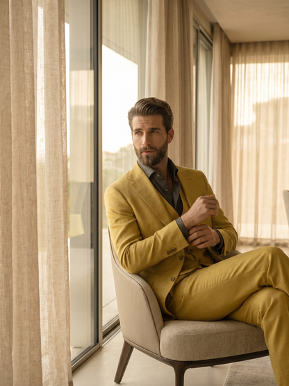 Yellow Silk Blend 3-Piece Suit — Custom Made to Measure - seated view