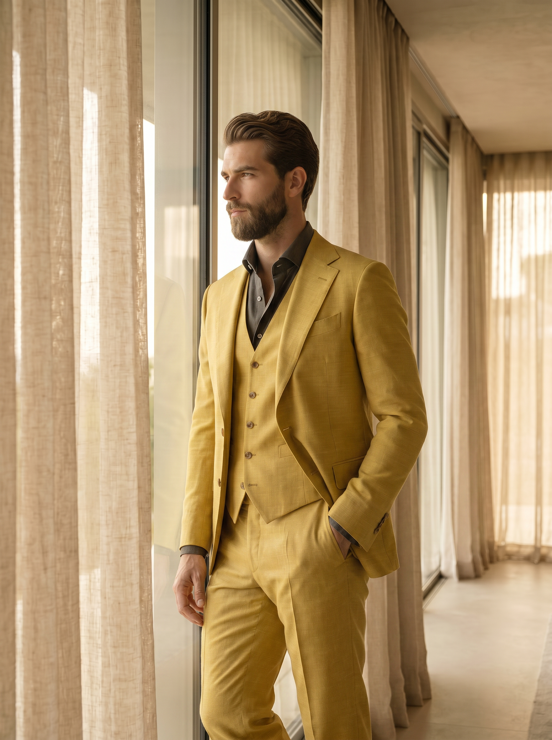 Yellow Silk Blend 3-Piece Suit — Custom Made to Measure - side view