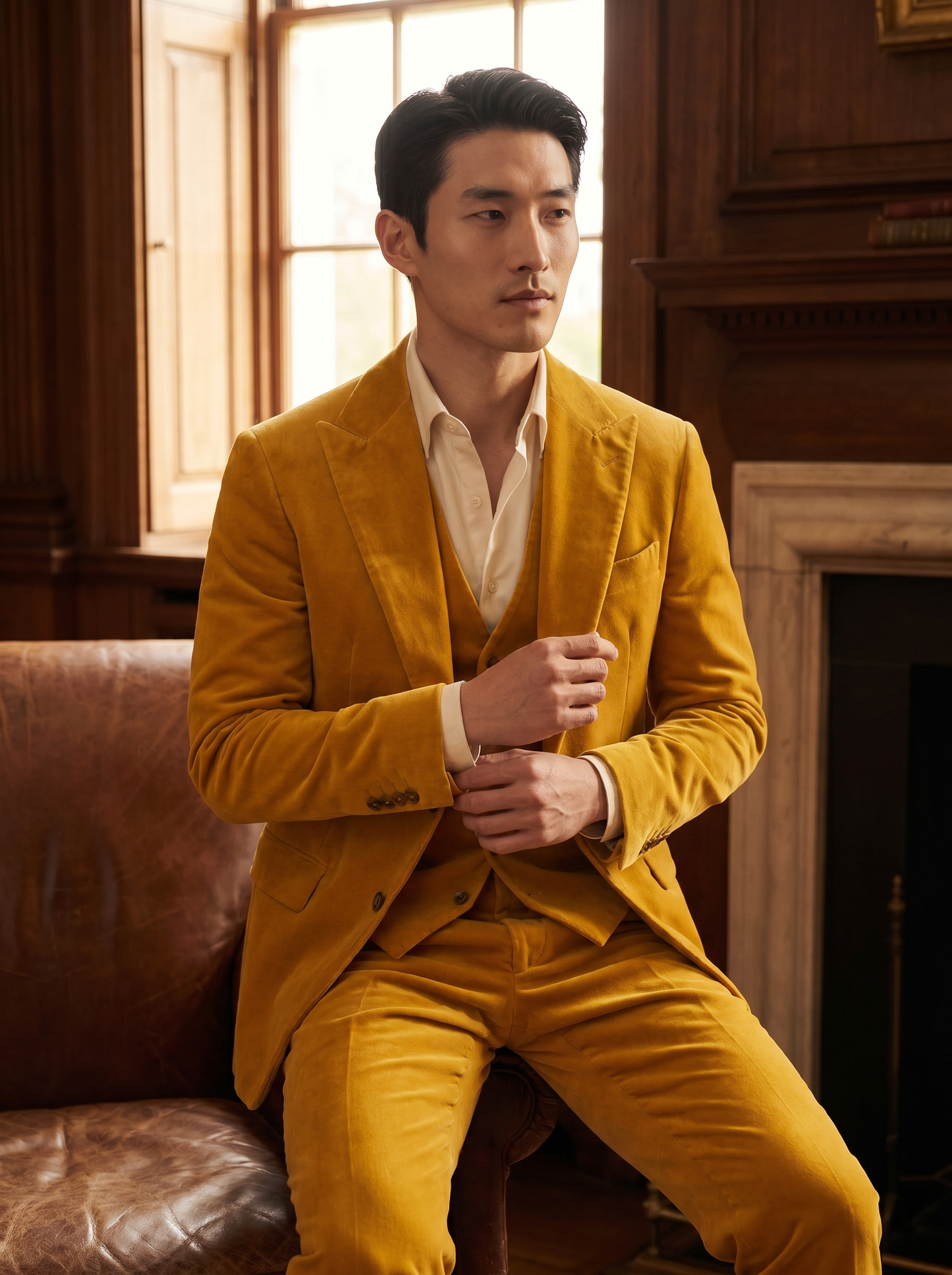 Yellow Velvet 3-Piece Suit — Custom Made to Measure - seated view