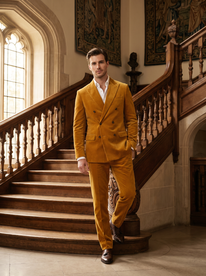Yellow Velvet Double Breasted Suit — Custom Made to Measure - front view