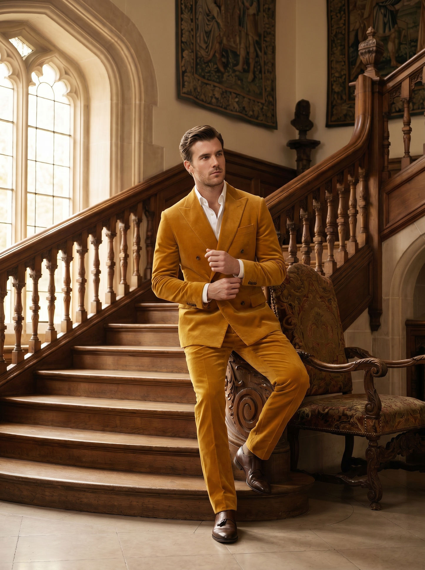 Yellow Velvet Double Breasted Suit — Custom Made to Measure - seated view