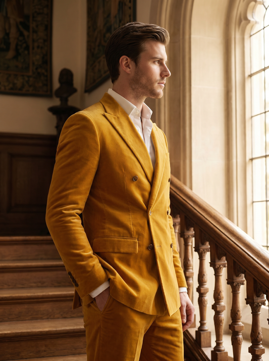 Yellow Velvet Double Breasted Suit — Custom Made to Measure - side view