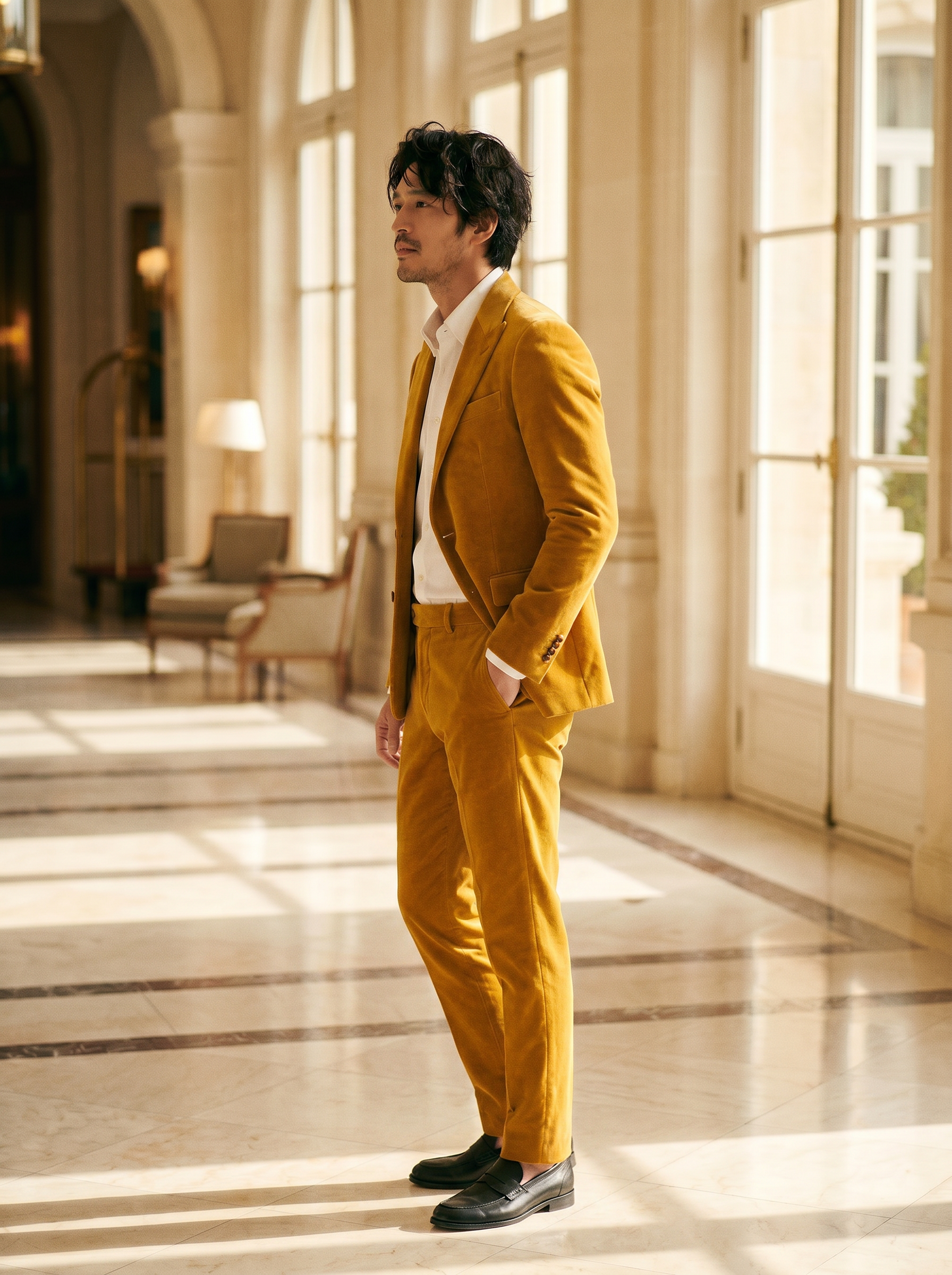 Yellow Velvet Groomsmen Suit — Custom Made to Measure - side view