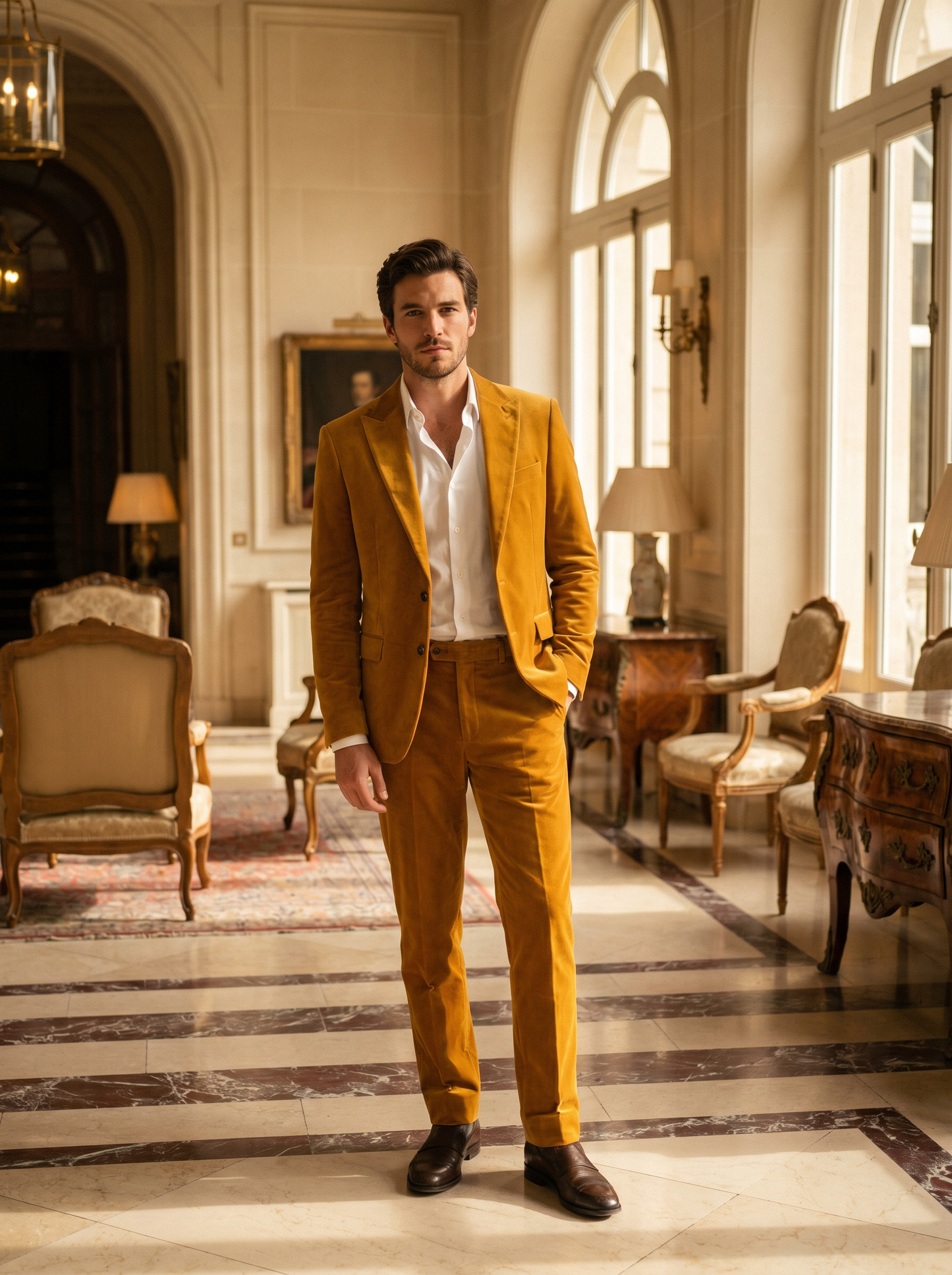 Yellow Velvet Suit — Custom Made to Measure - front view