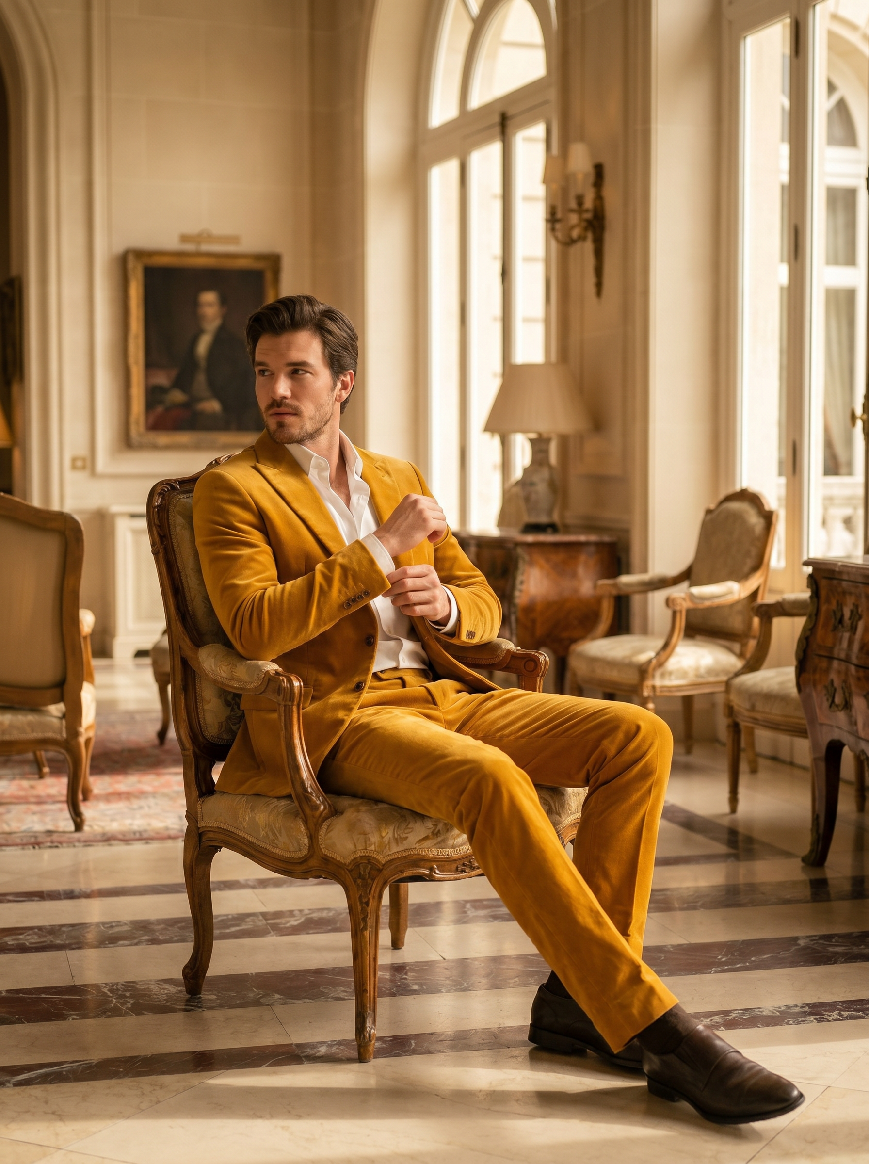 Yellow Velvet Suit — Custom Made to Measure - seated view