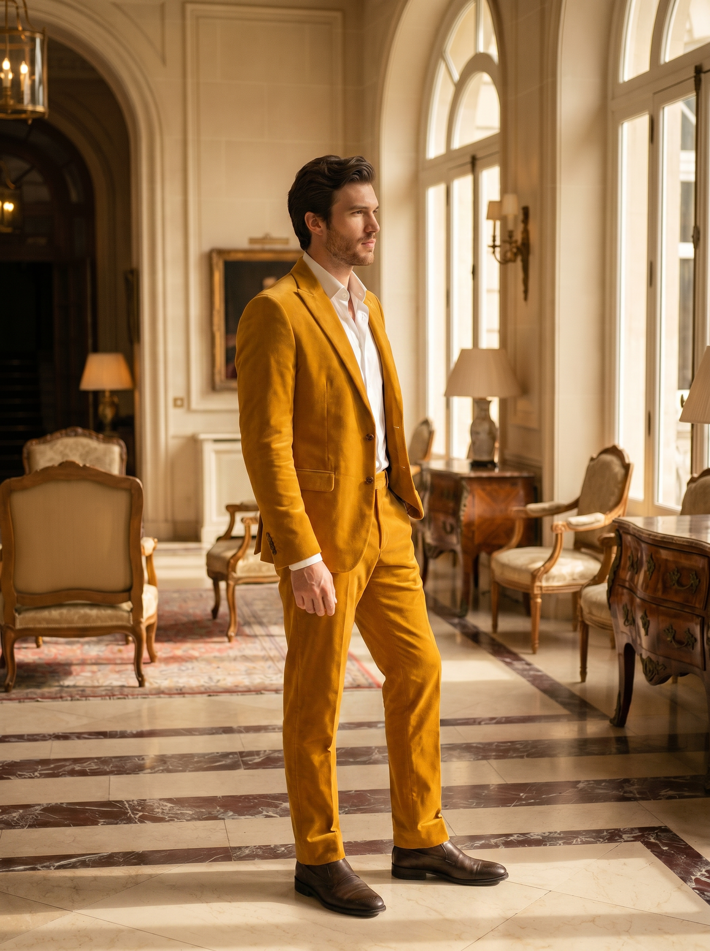 Yellow Velvet Suit — Custom Made to Measure - side view