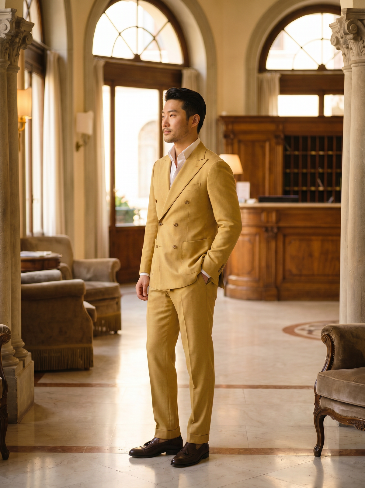 Yellow Wool Double Breasted Suit — Custom Made to Measure - side view