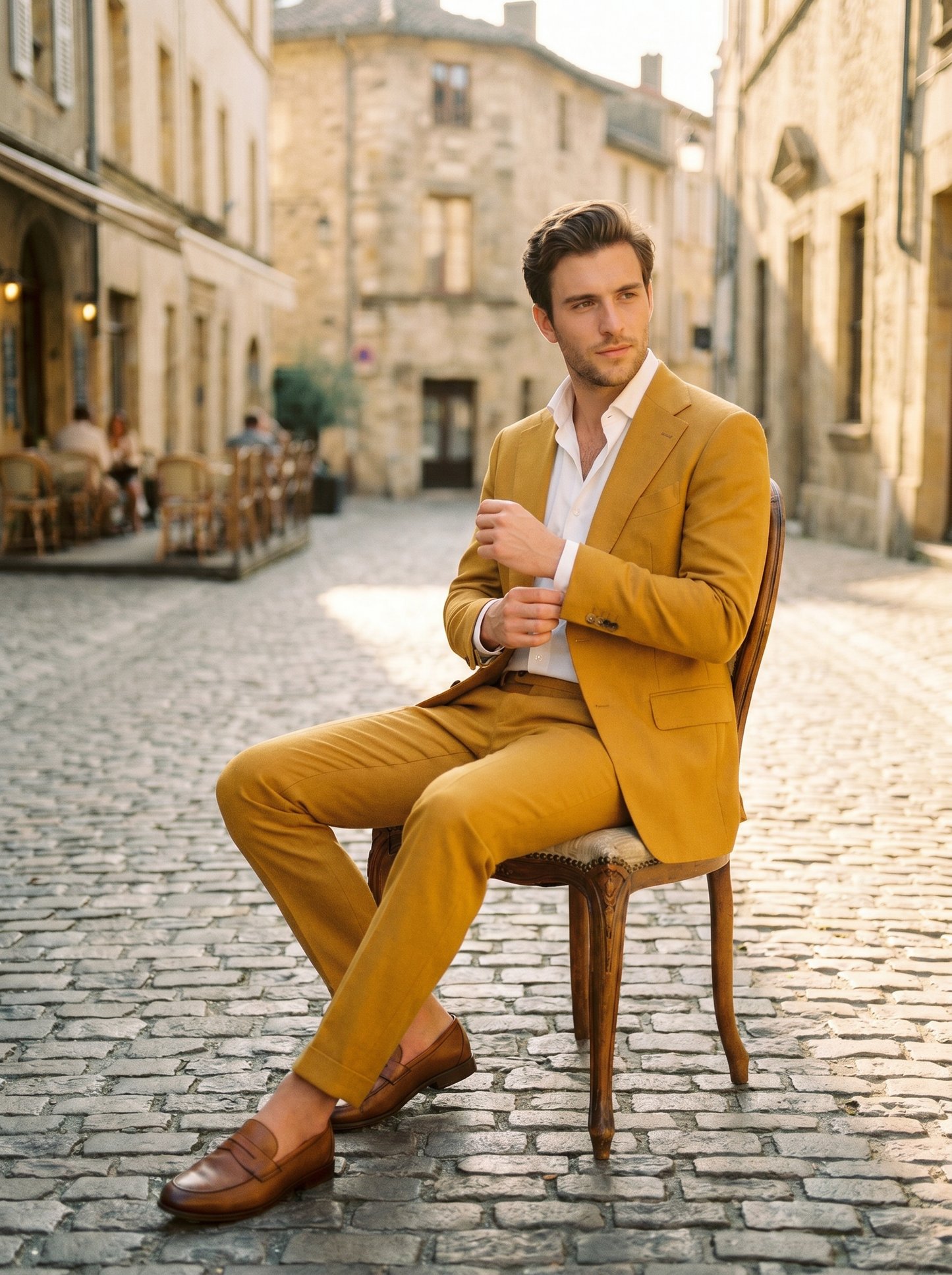 Yellow Wool Suit — Custom Made to Measure - seated view